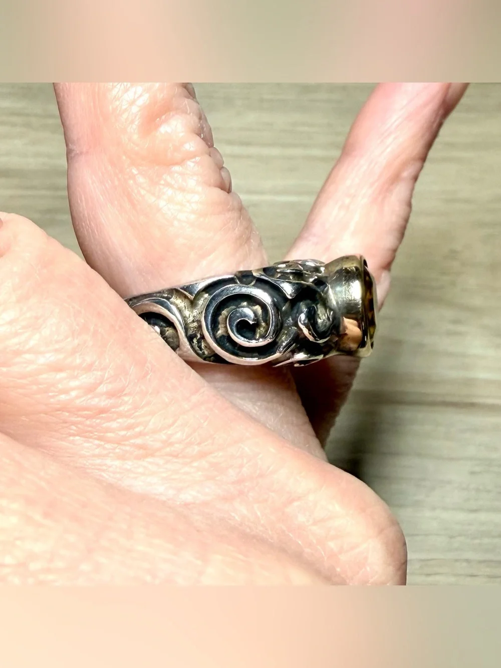 Dian Malouf Sterling Silver & 14K Gold Abstract Swirl Citrine Ring, Size 8